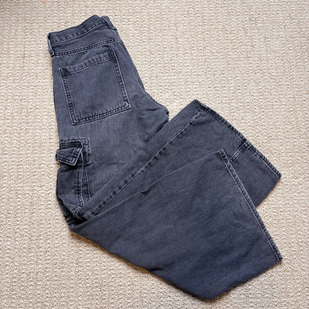 Old Navy sz 18 High Rise Baggy Wide Leg Cargo Jeans Washed Black Built-In Tough